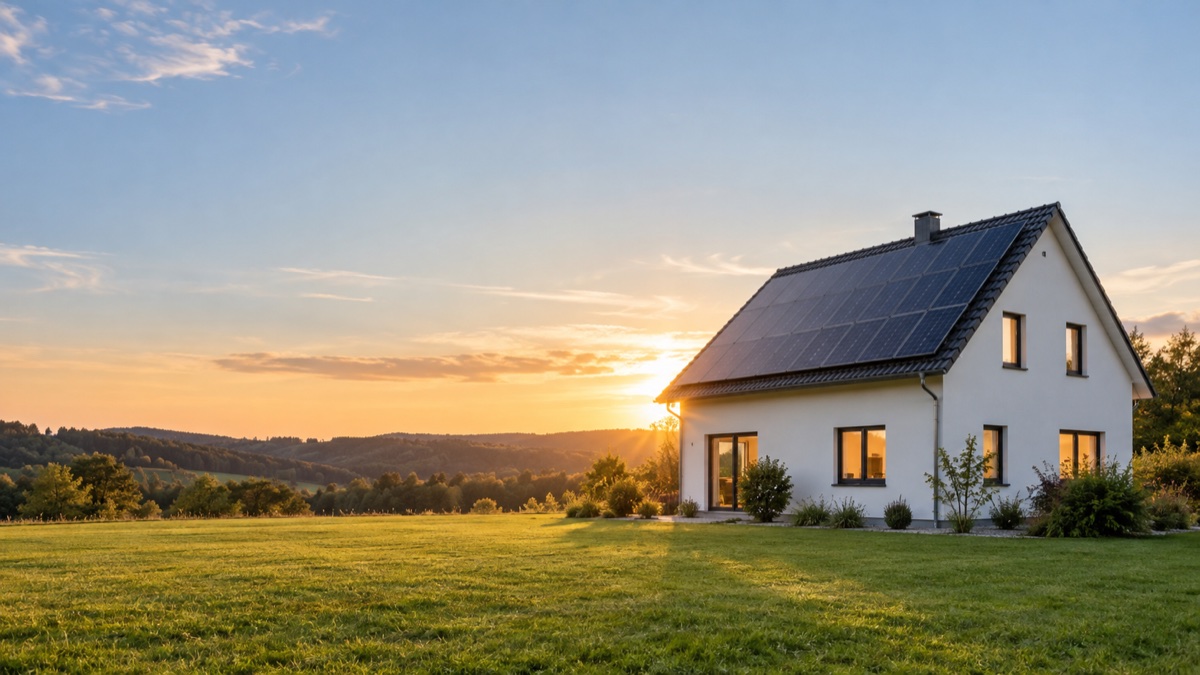 Einfamilienhaus mit Solaranlage auf dem Dach bei Sonnenuntergang